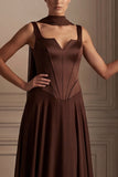 Coffee A Line Long Bridesmaid Dress with Streamer