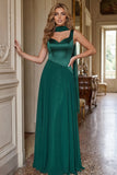 Dark Green A Line Wide Straps Long Bridesmaid Dress with a Neck Scarf