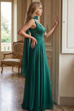 Dark Green A Line Wide Straps Long Bridesmaid Dress with a Neck Scarf