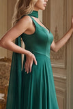 Dark Green A Line Wide Straps Long Bridesmaid Dress with a Neck Scarf
