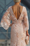 Champagne Bateau Neck Sheath Floral Long Mother Of the Bride Dress