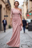 Blush One Shoulder Sheath Ruched Long Mother Of the Bride Dress with 3D Flowers