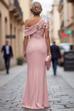 Blush One Shoulder Sheath Ruched Long Mother Of the Bride Dress with 3D Flowers