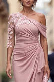 Blush One Shoulder Sheath Ruched Long Mother Of the Bride Dress with 3D Flowers