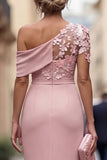 Blush One Shoulder Sheath Ruched Long Mother Of the Bride Dress with 3D Flowers