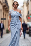 Blush One Shoulder Sheath Ruched Long Mother Of the Bride Dress with 3D Flowers