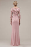 Blush Sheath Bateau Neck Appliqued Long Mother Of the Bride Dress with 3D Flowers