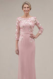 Blush Sheath Bateau Neck Appliqued Long Mother Of the Bride Dress with 3D Flowers
