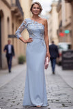 One Shoulder Light Blue Sheath Appliqued Long Mother Of the Bride Dress