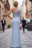 One Shoulder Light Blue Sheath Appliqued Long Mother Of the Bride Dress
