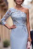 One Shoulder Light Blue Sheath Appliqued Long Mother Of the Bride Dress