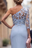 One Shoulder Light Blue Sheath Appliqued Long Mother Of the Bride Dress