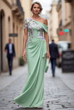 Green Sheath One Shoulder Long Mother Of the Bride Dress with Appliques