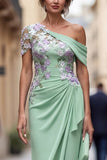 Green Sheath One Shoulder Long Mother Of the Bride Dress with Appliques