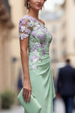 Green Sheath One Shoulder Long Mother Of the Bride Dress with Appliques