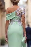 Green Sheath One Shoulder Long Mother Of the Bride Dress with Appliques