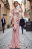 Blush Sheath Bateau Neck Ruched Long Mother Of the Bride Dress with Appliques