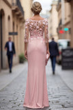 Blush Sheath Bateau Neck Ruched Long Mother Of the Bride Dress with Appliques