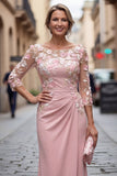 Blush Sheath Bateau Neck Ruched Long Mother Of the Bride Dress with Appliques