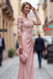 Blush Sheath Bateau Neck Ruched Long Mother Of the Bride Dress with Appliques
