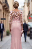 Blush Sheath Bateau Neck Ruched Long Mother Of the Bride Dress with Appliques
