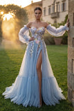 Light Blue Sweetheart Tulle A-Line 3D Flowers Prom Dress with Slit