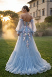 Light Blue Sweetheart Tulle A-Line 3D Flowers Prom Dress with Slit