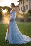Light Blue Sweetheart Tulle A-Line 3D Flowers Prom Dress with Slit