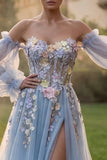 Light Blue Sweetheart Tulle A-Line 3D Flowers Prom Dress with Slit