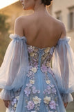 Light Blue Sweetheart Tulle A-Line 3D Flowers Prom Dress with Slit