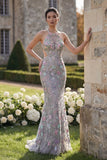 Silver Flower Mermaid Halter Long Prom Dress with 3D Flower