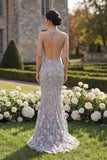 Silver Flower Mermaid Halter Long Prom Dress with 3D Flower