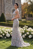 Silver Flower Mermaid Halter Long Prom Dress with 3D Flower