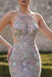 Silver Flower Mermaid Halter Long Prom Dress with 3D Flower