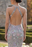 Silver Flower Mermaid Halter Long Prom Dress with 3D Flower
