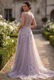 Grey Purple A-Line Floral Appliqued Wide Straps Long Prom Dress