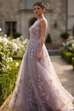 Grey Purple A-Line Floral Appliqued Wide Straps Long Prom Dress