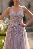 Grey Purple A-Line Floral Appliqued Wide Straps Long Prom Dress