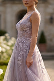 Grey Purple A-Line Floral Appliqued Wide Straps Long Prom Dress