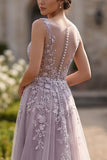 Grey Purple A-Line Floral Appliqued Wide Straps Long Prom Dress