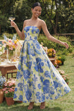 Blue Daffodil Flower A-Line Strapless Printed Ruched Long Floral Dress