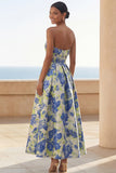 Blue Daffodil Flower A-Line Strapless Printed Ruched Long Floral Dress