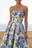 Blue Daffodil Flower A-Line Strapless Printed Ruched Long Floral Dress