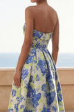 Blue Daffodil Flower A-Line Strapless Printed Ruched Long Floral Dress