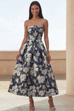 Blue Daffodil Flower A-Line Strapless Printed Ruched Long Floral Dress