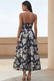Blue Daffodil Flower A-Line Strapless Printed Ruched Long Floral Dress