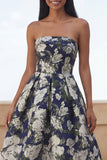 Blue Daffodil Flower A-Line Strapless Printed Ruched Long Floral Dress
