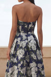 Blue Daffodil Flower A-Line Strapless Printed Ruched Long Floral Dress