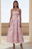 Blue Daffodil Flower A-Line Strapless Printed Ruched Long Floral Dress