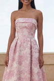 Blue Daffodil Flower A-Line Strapless Printed Ruched Long Floral Dress